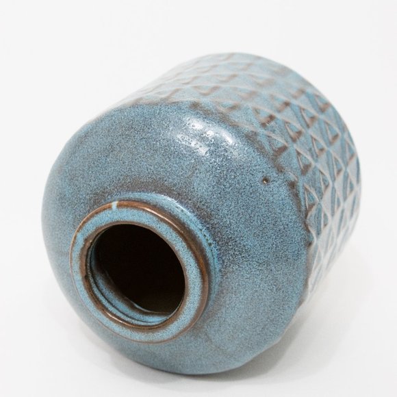 West Elm Pottery Ceramic Flower Vase Round Blue Beige Glazed 7" MCM Boho Decor - Picture 2 of 9